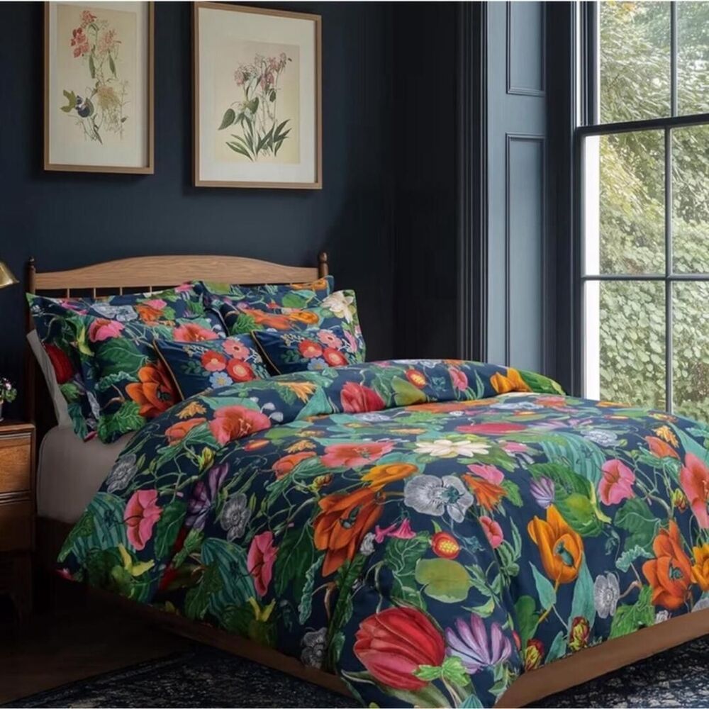 PB Style Floral Print Queen Duvet Sateen Cotton 3Piece Set Navy Blue Pink NWT